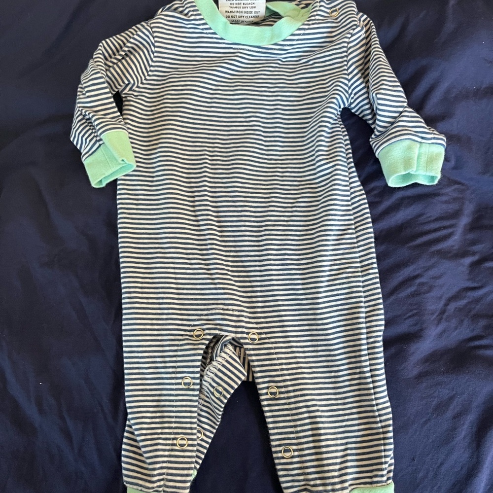 Blue and White Striped Knit One Piece with Mint Details Smock Candy